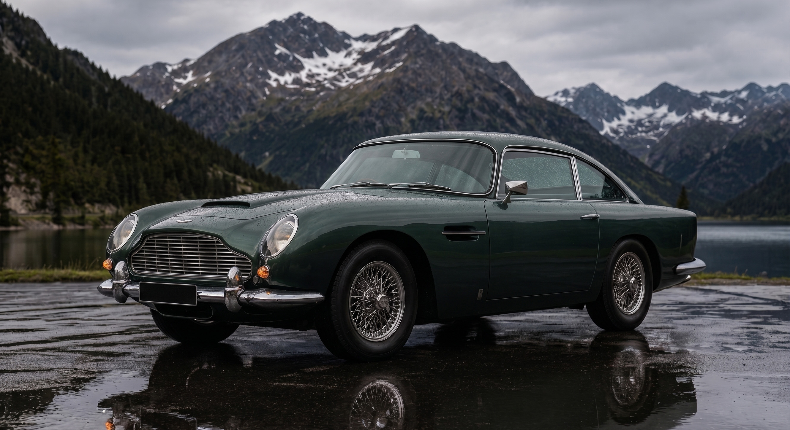 British Racing Green Aston Martin DB5 beside an alpine lake
