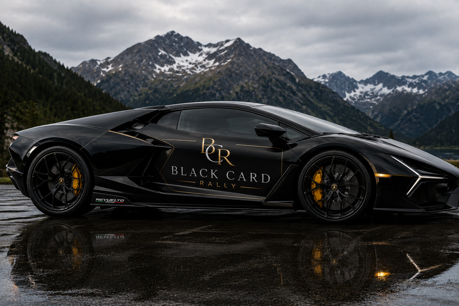 Black Card Rally liveried supercar against a winter mountain range