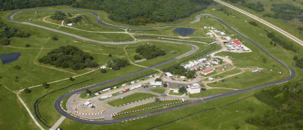 Aerial view of a road-racing circuit in the Oklahoma countryside