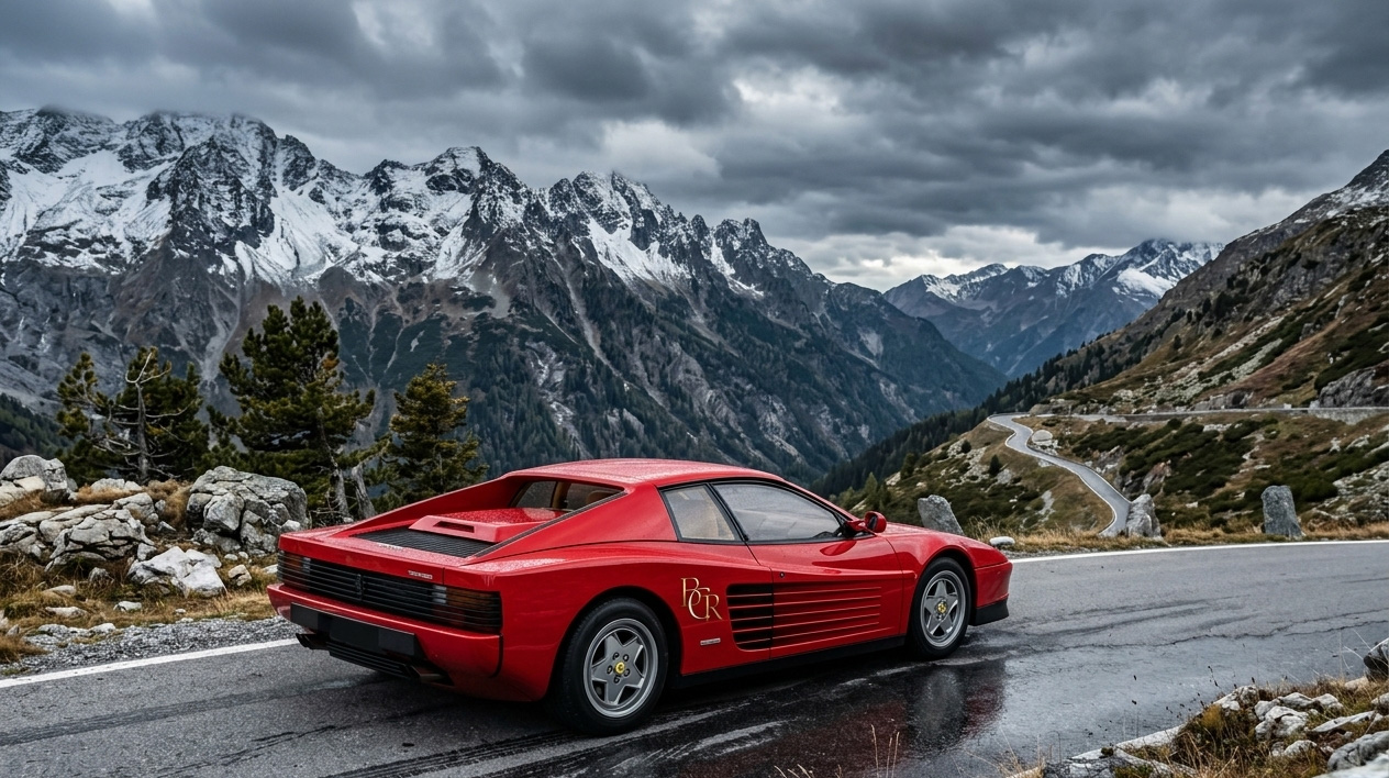 Red Ferrari Testarossa on a mountain road with snow-capped peaks behind it