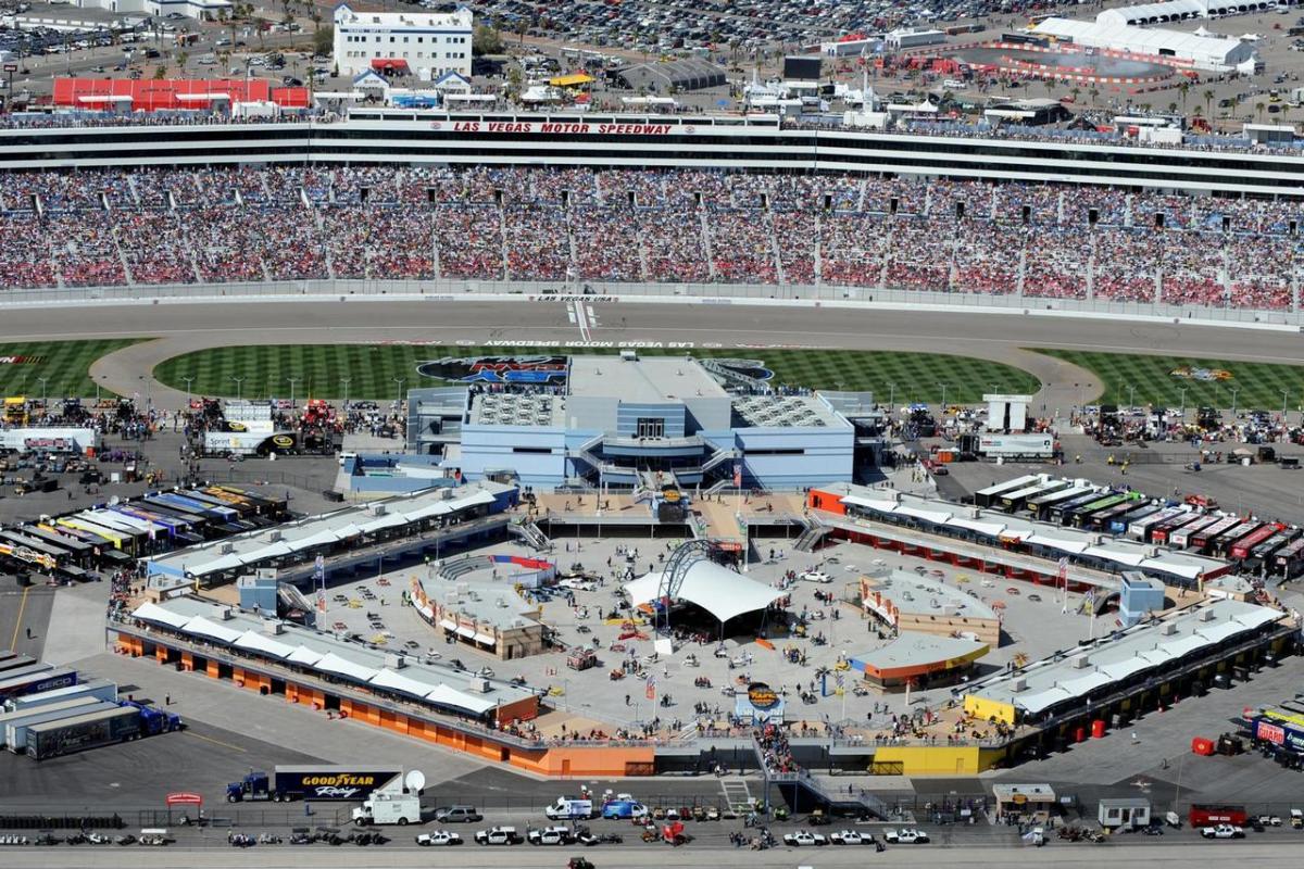 Aerial view of a packed motor speedway in Las Vegas